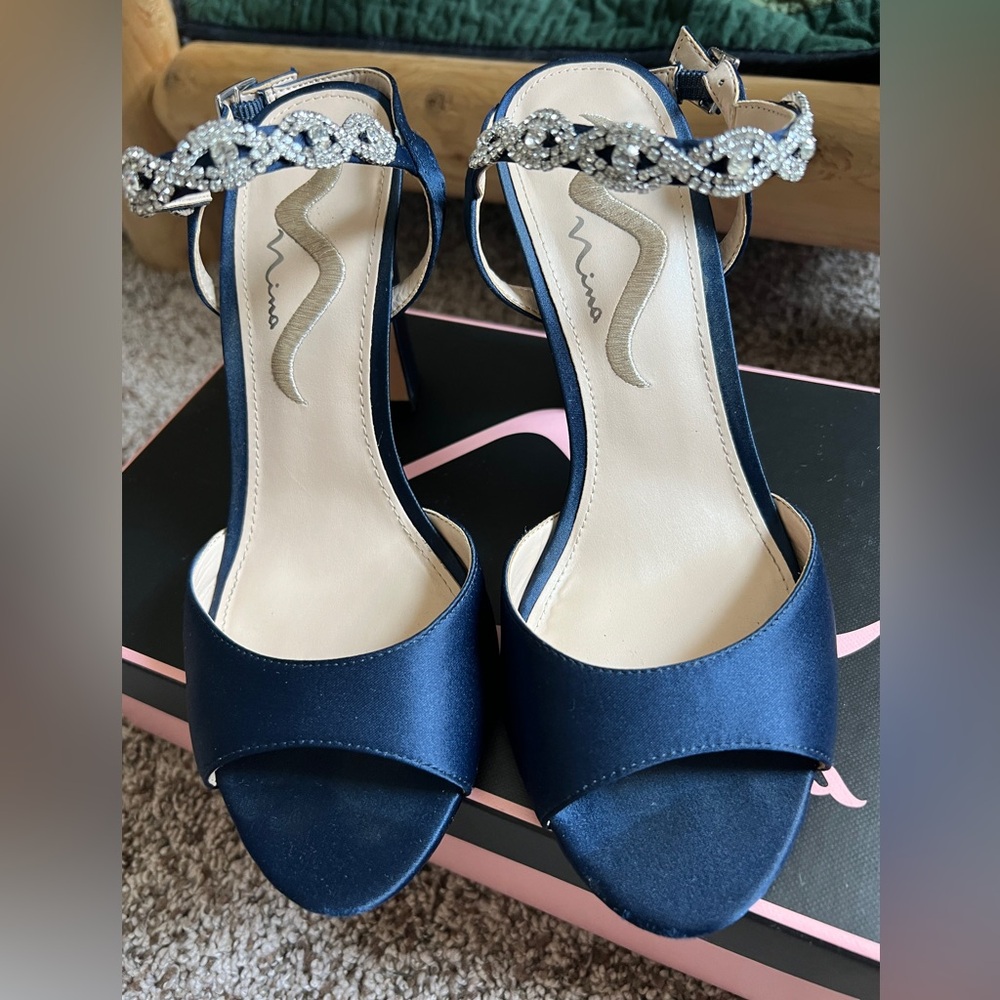 Nina New Navy Luster Heels with Rhinestone Strap